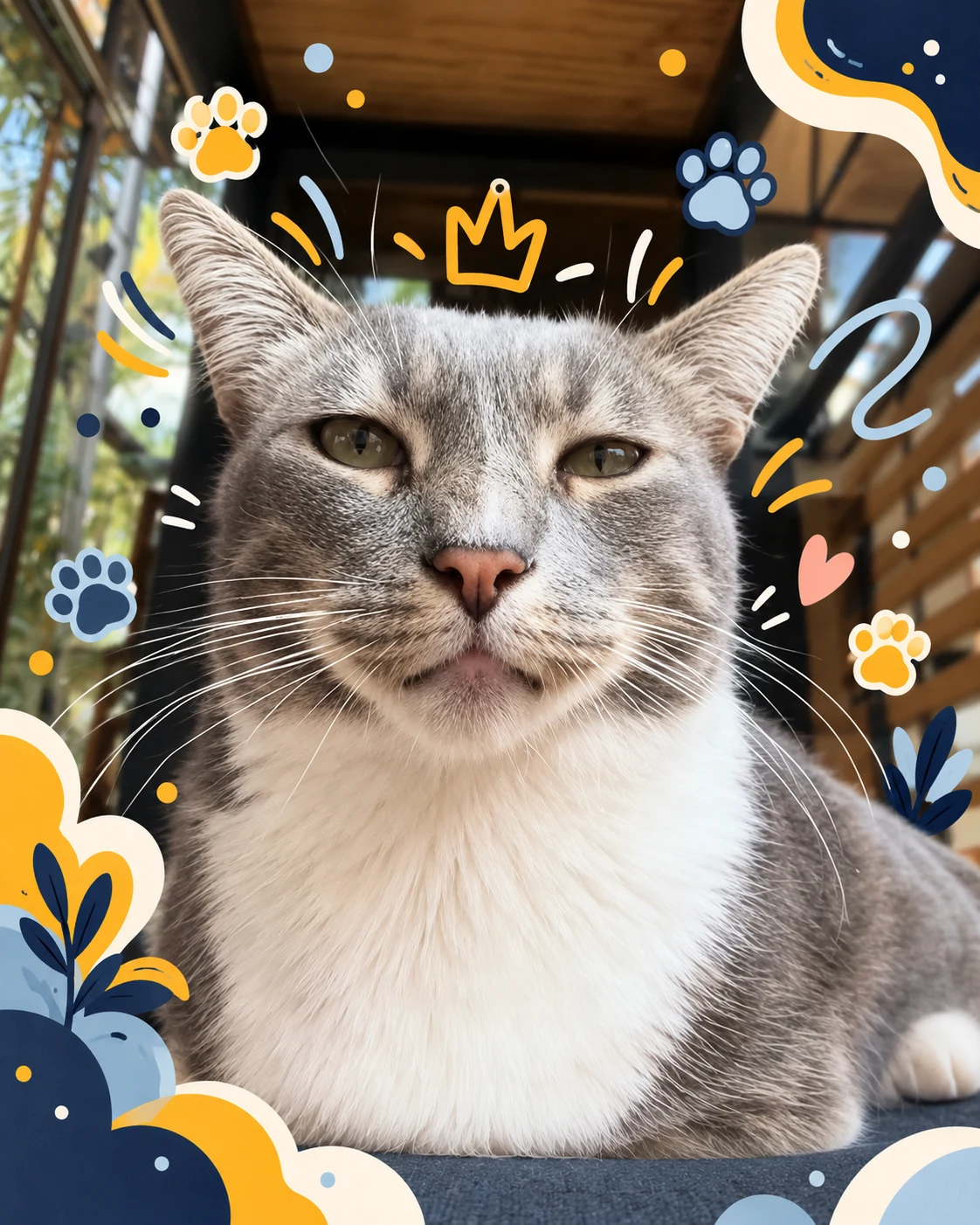 Gato mascote da Gateria Cat Café com elementos ilustrados de patinhas e coração