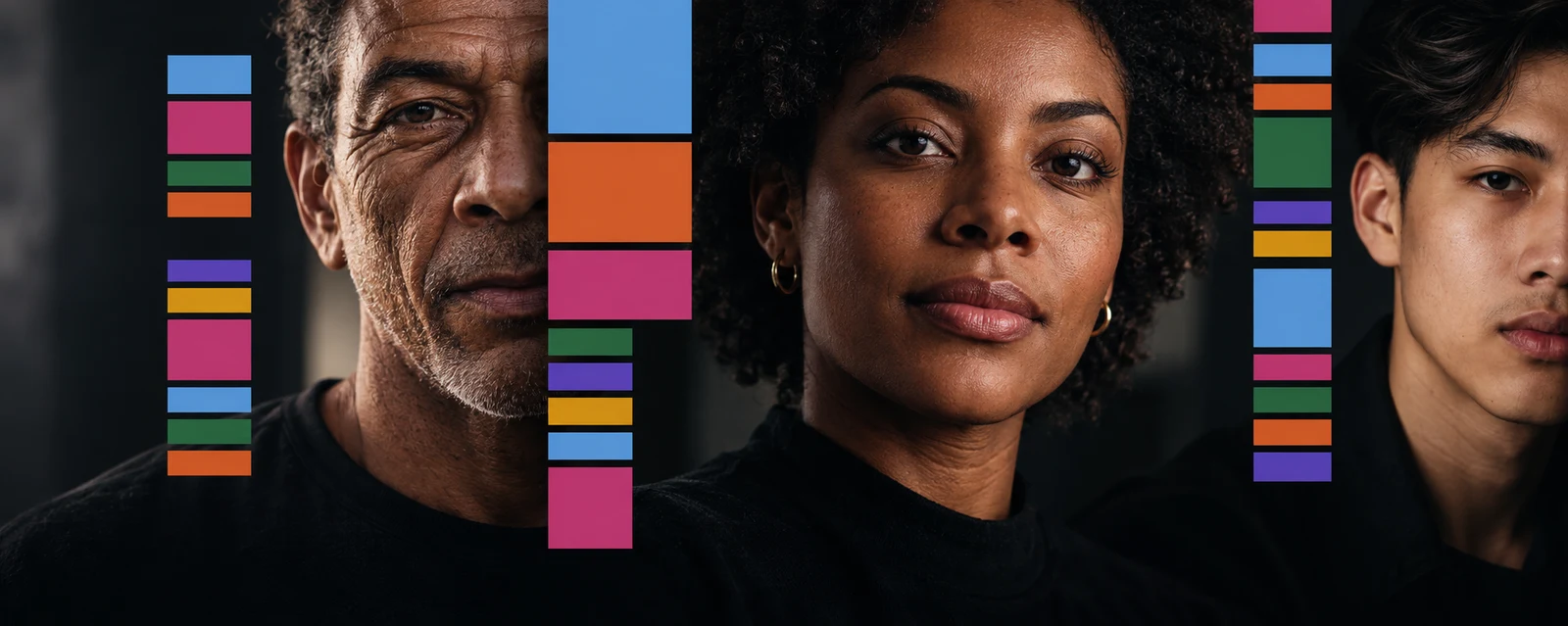 Três retratos com faixas coloridas da identidade visual da Gen-t