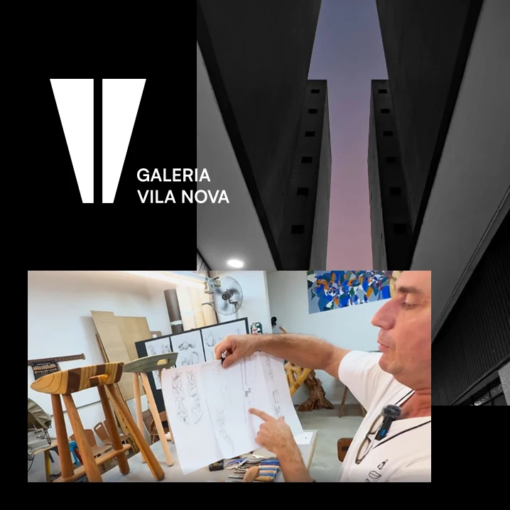 Identidade visual da Galeria Vila Nova com arquitetura do espaço e o artista no ateliê